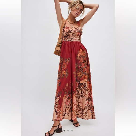Free People Bali Westward Trails Printed Wide Leg Ruffles Jumpsuit S